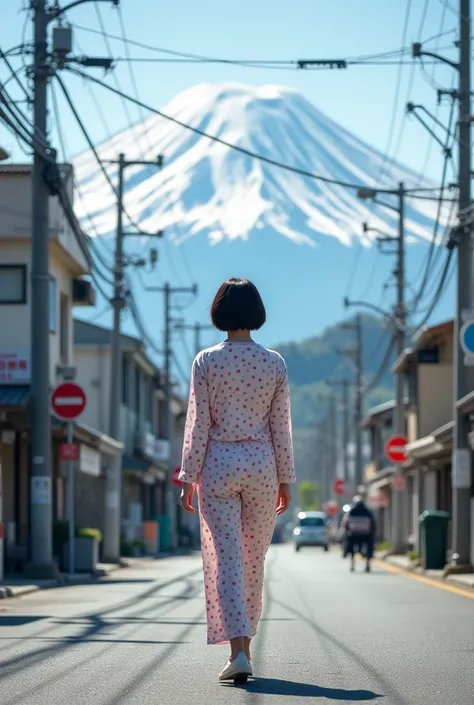 A pretty asian woman with short hair, wearing polka dots pajamas, walking across the street, at a street scene with the Mount Fuji which its snow capped peak is visible. An empty urban street lined with commercial buildings. Some utility poles and overhead...