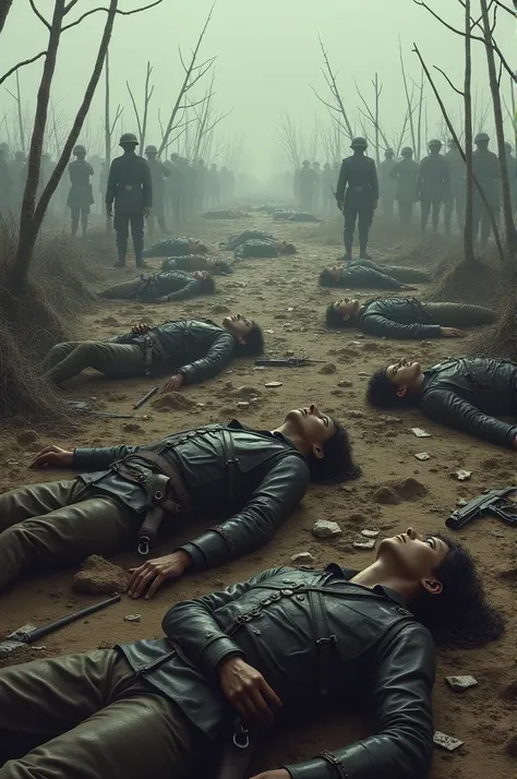 **The Aftermath of the Battle**: A somber depiction of the battlefield after the war, with numerous fallen soldiers from both armies, showcasing the devastation and the high cost of the conflict.