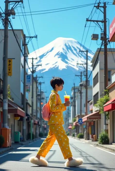 A pretty asian woman with short hair, wearing yellow polka dots pajamas and fluffy slippers, holding boba tea, walking across the street , at a street scene with the Mount Fuji which its snow capped peak is visible. An empty urban street lined with commerc...