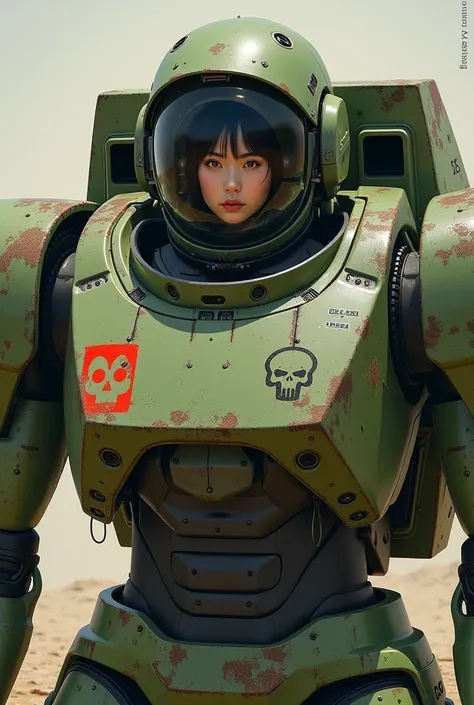 ８ｋ,Realistic Skin Texture、superrealism、Realistic Photo、A Japanese-American female pilot from the near-future military sits in a cockpit installed in the abdomen of a large robot.、Damaged moss green battle armor robot、Skull mark painted on armor、Near-future...