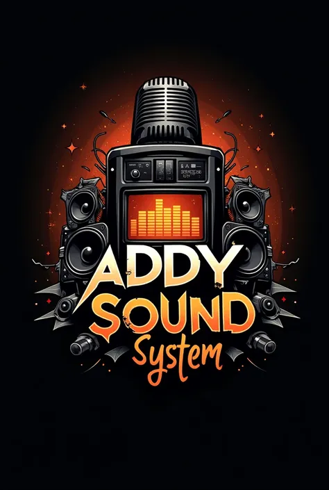 "Addy sound system and led screen" logo.Logo with equalizer, microphone, led screen, speakers background and cannibal font.orange black colur