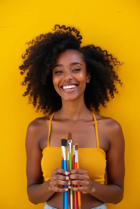 Show me a landscape  image of  a  brown face covered  happy woman holding paint brushesh in front of a yellow wall