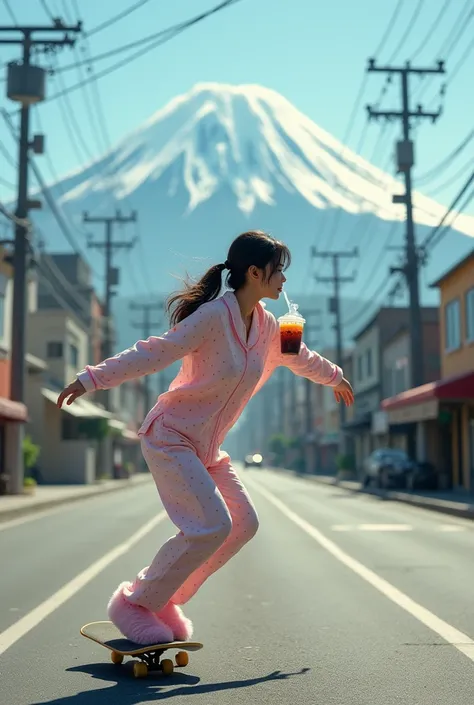 A pretty asian woman, wearing polka dots pajamas and fluffy pink slippers, holding boba tea, skateboarding across the street ,bend knee,spreading arms,at a street scene with the Mount Fuji which its snow capped peak is visible. An empty urban street lined ...