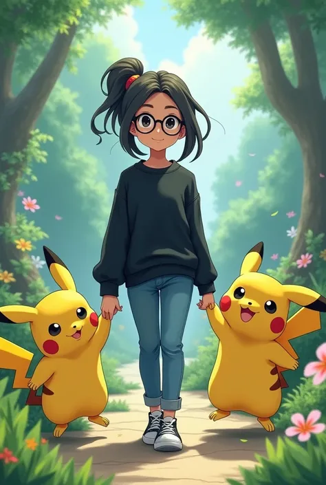 A thin girl with medium hair (pony tail) and spectacles,wearing black sweat shirt with blue jeans (Indian girl style) walking in beautiful scenery with crayon shin-chan holding right hand of the girl and Pikachu with left hand 

Cyber realistic 