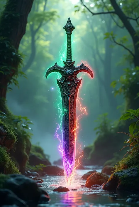 Sword of life creation green with purple , red black and white mystycal aura,destruction aura, combination red, black, purple, white,and green sword,the moon slash,earth shatter,ultra detailed black rune on sword,divine god weaponery,ultra detailed sword,f...