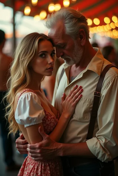 artistic portrait of a thin beautiful young woman , breasts small, hair blonde, arm behind the back, Waist slender, standing, Serious countenance, gorgeous attractive face, Hugging an 90 old man ugly while he caresses her breasts. look in: oktoberfest, can...