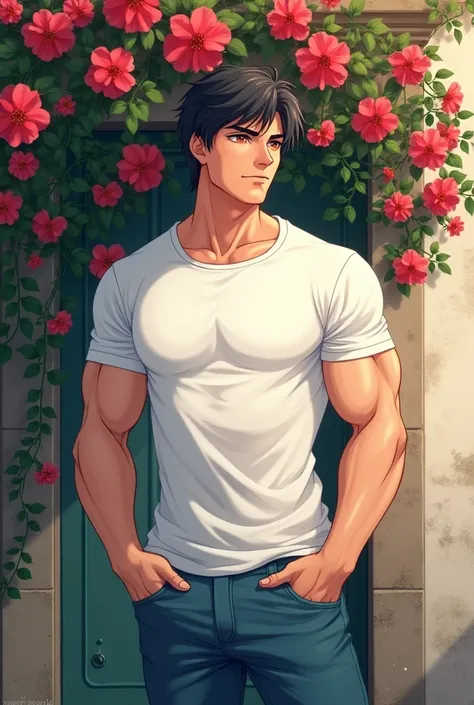 A UK handsome anime guy is in white T shirt with his hands in his pockets. His chest is big and strong arm. He is looking in the left with a dewy - eyed with love. Behind him is a wall with bougainvillea. He is waiting for his girlfriend.  