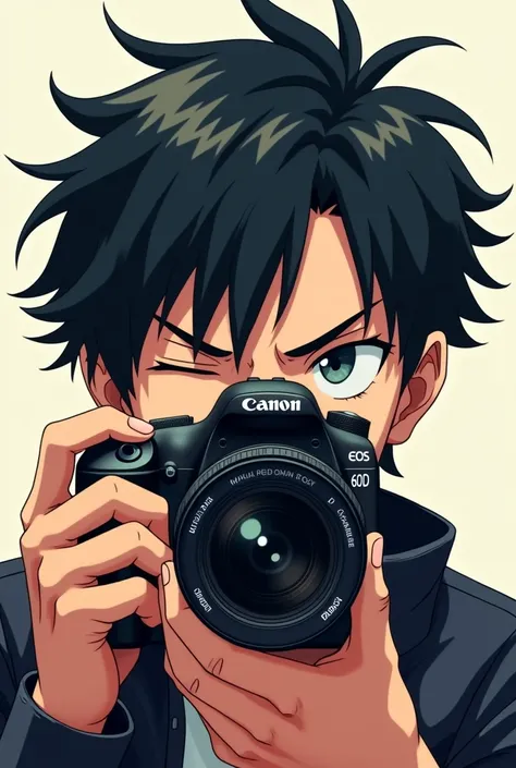 An anime man trying to take a picture of me with a canon eos 60d camera  (the camera is in front of his face and his eye looking through the view finder) the eyes is covered with the camera, so the left eye is in front of the view finder and the right eye ...