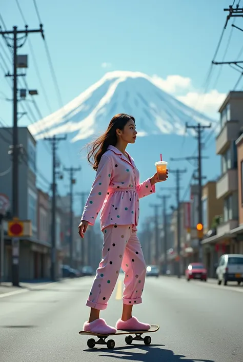 A pretty asian woman, wearing polka dots pajamas and fluffy pink slippers, holding boba tea, skateboarding across the street ,bend knee,spreading arm,at a street scene with the Mount Fuji which its snow capped peak is visible. An empty urban street lined w...