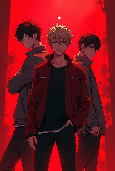 One anime 3 man and red vibes  look right and down side Write 