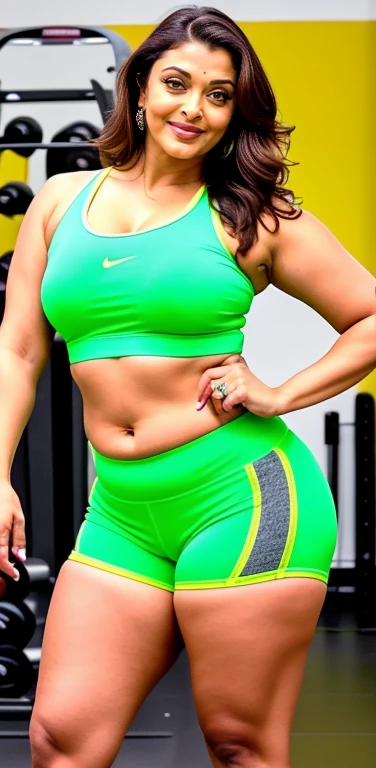 Full shot of sexy mature milf ,aishwarya rai wearing a lime color sports bra and mini tight short in gym,  fleshy figure,cougar lady , extremely gorgeous, thick figure, heavy physique, voluptuous, curvy, sexy figure, glowing eyes,happy charming face,side v...