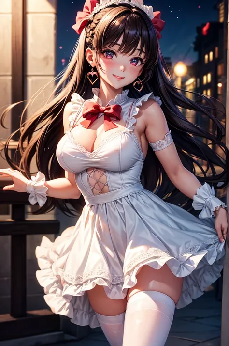 A beautiful girl in a short white and pink dress posing on a balcony, outside, night, (magical girl cosplay), fluffy layered skirt, thigh highs, big rounds breasts, dark brown hair, long bangs, french braid, long hair, wavy hair, shiny hair, hairclip, hair...