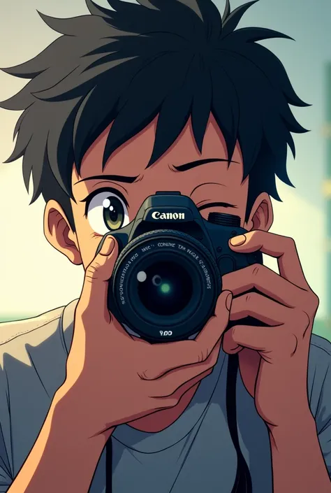 An anime man trying to take a picture of me with a canon eos 60d camera  (the camera is in front of his face and his eye looking at the view finder) the eyes is covered with the camera, so the left eye is in front of the view finder and the right eye is cl...