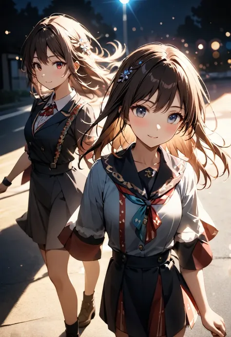 Highest quality,Delicate illustration,Detailed depiction, masterpiece, Boho Eye Hinai Girl, Playful Themes, Group of 2、Two girls、High school girls、Same uniform、Raw photo of a girl in uniform。Decorative details and symbols are often used。, Brown hair gently...