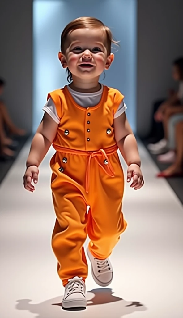 A baby on a catwalk in a jumpsuit