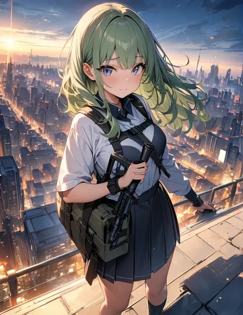 (anime)、(masterpiece:1.2),Atmospheric perspective,Lens flare、Ultra-wide background focused on the girl、Future City、girl standing on the roof、cute、Another World M4 Carbine，Possession of a gun