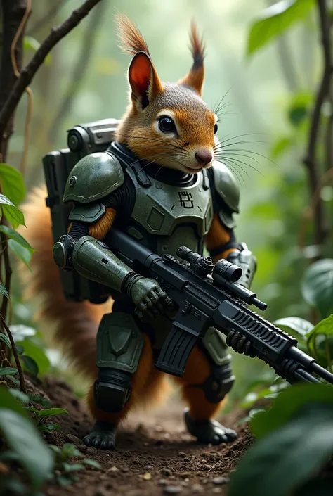 Jungle war fully armoured squirel ready to fight