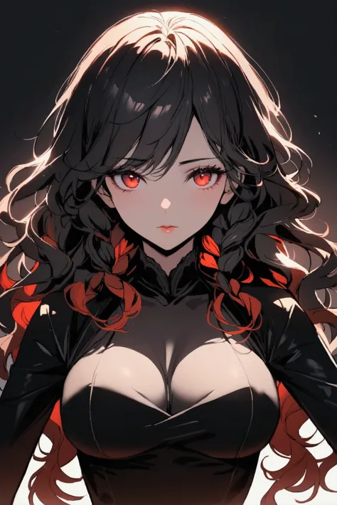 Girl with long black hair with red highlights red eyes Wavy hair Breasts, Triple braids, 