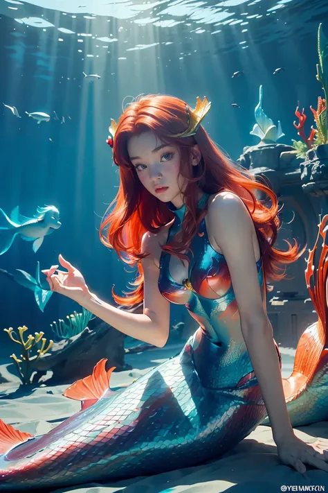 ((Masterpiece, best quality, very detailed), Volumetric light, surrounding occlusion, colorful, glow), 1 girl, alone, young girl, (red hair), long hair, goddess, cybersuits, (Mermaid design:1.3), coral, under the sea, castle, Atlantis,  (Cyberpunk theme:1....