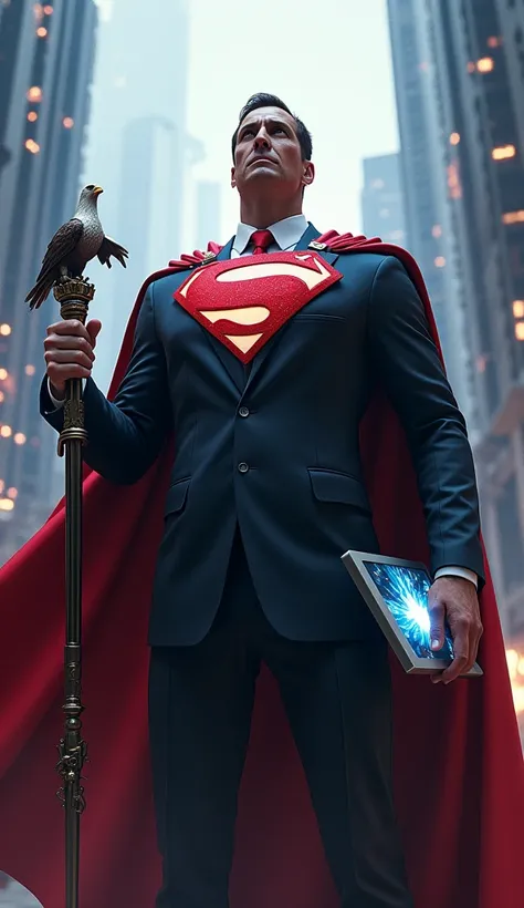 A towering figure in a suit, with a shield emblem on their chest and a flowing cape with stars and stripes Standing in front of a sprawling metropolis with sleek skyscrapers and neon lights One hand holds a tablet with a glowing screen, representing techno...