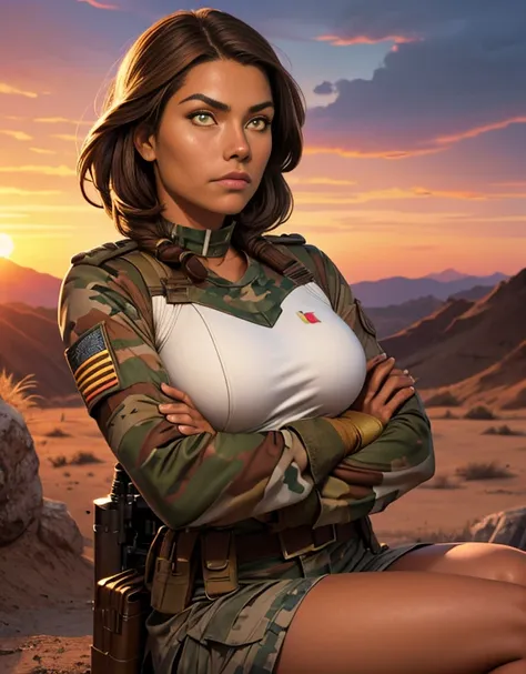 (Mixed race Nicaragua-Navajo woman), (tanned bronze skin:1.4), (Yellow colored eyes:1.4), (Short Brown Hair:1.3), (Wearing: USA marine corps uniform, camouflage military uniform, armor and gloves), army girl, soldier girl, infantry girl, (sunset :1.2),(Sit...