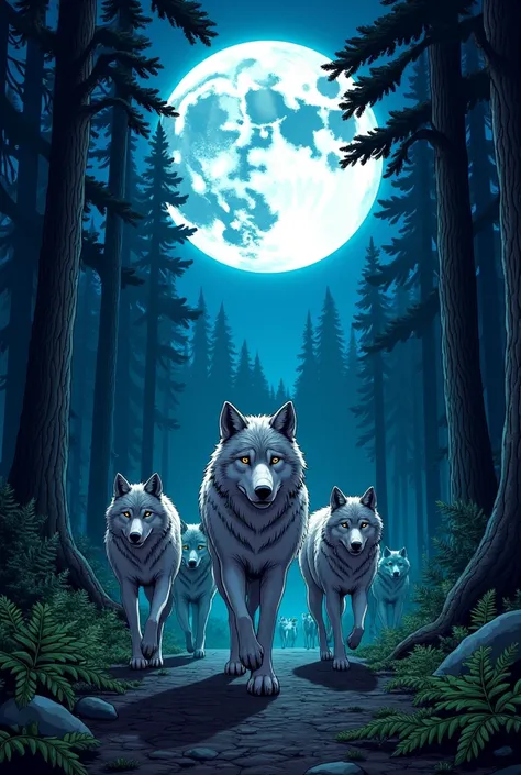 A tame wolf leading his pack into the darkness of the forest, the day is night and there is a huge moon in the sky, they are going left. In the background of the image you can see giant trees, I want the image to contain vibrant and very eye-catching color...