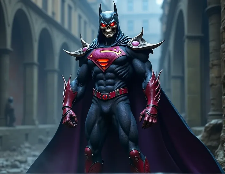 A 8K masterpiece depicting a terrifying yet powerful superhero with a skull-like face resembling Skeletors, complete with pointy ears like Batmans. His eyes glow with Supermans iconic red intensity. A black mask covers his head, revealing skeletal details ...