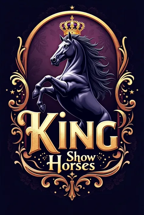 Create a detailed t-shirt design for "King Show Horses" featuring:

1. **Typography**:
   - **"King"**: Use a sophisticated serif or script font with intricate details like flourishes or filigree. Incorporate gold or deep purple.
   - **"Show Horses"**: Co...