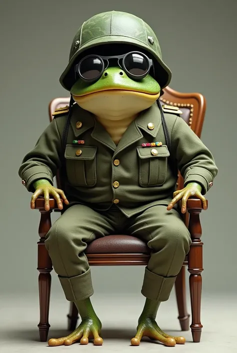 Frog in soldier uniform with helmet
and sunglasses steering a chair 