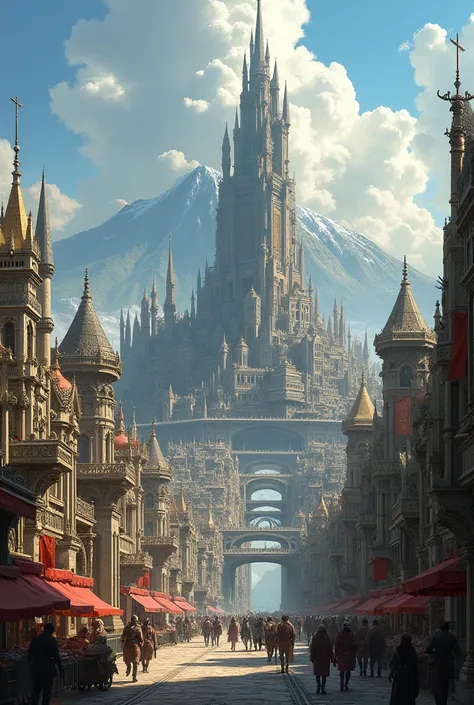 A beautiful prospering huge fantasy city, with a tall tower right in the middle of the town