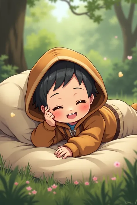 pokekid, pokekid, brown hood, hood, 1girl, best quality, outdoor, high definition, cute, lying on the cute bed,