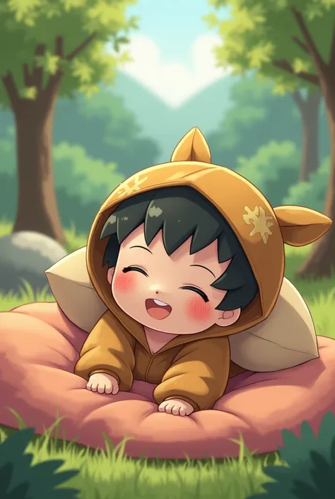 pokekid, pokekid, brown hood, hood, 1girl, best quality, outdoor, high definition, cute, lying on the cute bed,