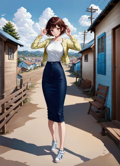 realistic anime illustration of pixie cut woman is posing at rural town on nice sky, wears pastel yellow, white t-shirt, navy-blue denim pencil midi skirt, white sneakers, (1girl, solo, full body), (masterpiece, best quality, japanese anime style), (expres...