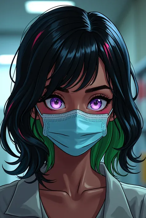 A teenage black girl who has black hair with green and a red streak,medium hair,purples eyes, wear a hospital mask,she is shy and cute, in Marvel comic book style.