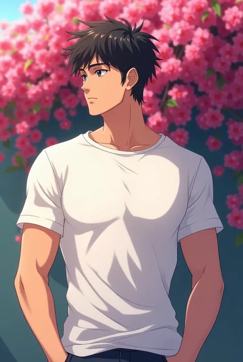 A handsome, cool, gentlemen, young anime guy is in white T shirt with his hands in his pockets. His chest is big and strong arm. He is turning into the left with a dewy - eyed with love. He looking the girl on the left. He is looking down a little bit. Beh...