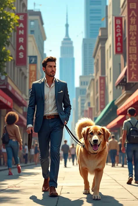 Man walking street with his dog