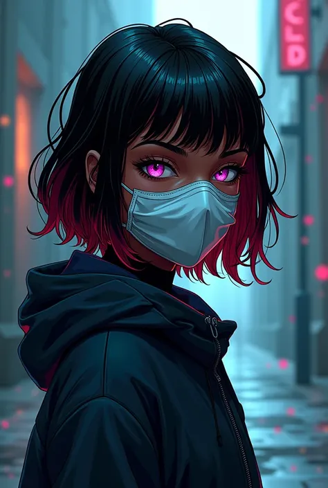 A black teenage girl who is , who has black hair with a red streak,medium hair,purples eyes, wear a hospital mask,she has clothes that hide her body,she is shy and cute, in Marvel comic book style.