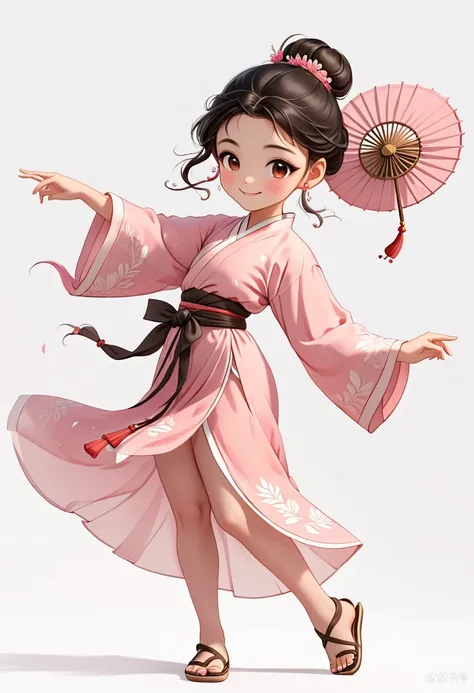 3d， Red Cliff, 1 girl, Black Hair, Long sleeve, Hair Bun, White background,  Simple background, Keep, Everlasting, Dance, blush, turn around, Brown eyes, hairpin, Pink Hanfu, Hair accessories, Tang dynasty girl, Hanfu, sandals, leaf,Smile，Round fan