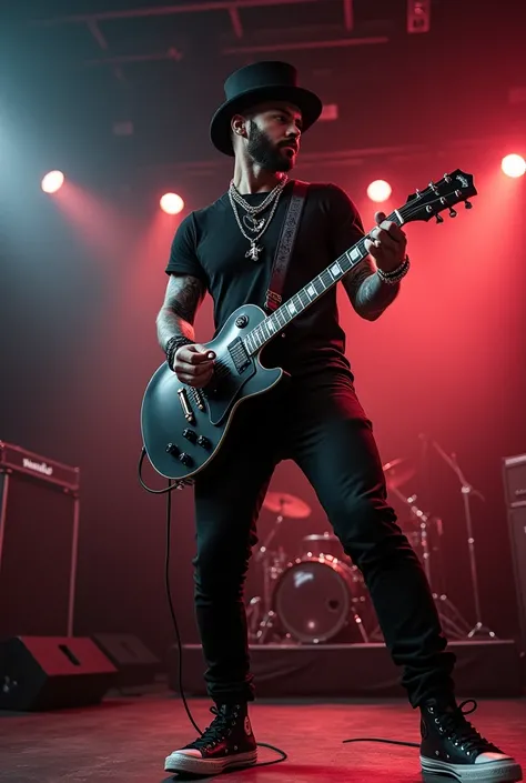 white male , 2 , little beard, Strong and tattooed , black all star sneakers , black slim pants , black short sleeve dress shirt , hat top hat , chain , wristbands , 耳环 , playing guitar at the show
