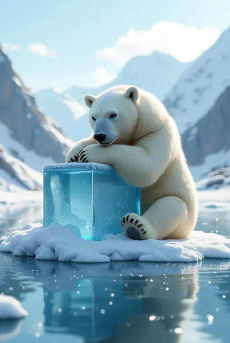 A big polar bear is sitting and hugging very clear cube ice in a snow floor in the winter season, a cute beautiful some snow perched on his head, very beautiful sparkling water surface, crystal clear water, gravel on the river bottom, beautiful alpine moun...