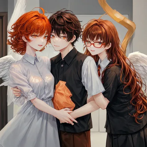 (Draw a 1 man named ryuu, He has brown eyes with black sclera, is thin and wears a student uniform and has short curly orange-brown hair and next to him is a white 1 woman called Charlie, human without wolf ears, with short light brown hair and blue eyes.,...