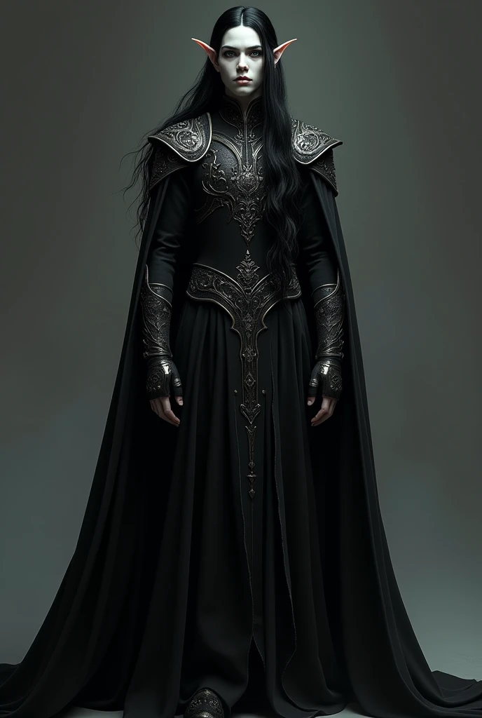 A fully black eyed with black sclera and pupil, black haired, pale skinned elf male with long hair and wearing a black royal clothes with armor and soft facial features 