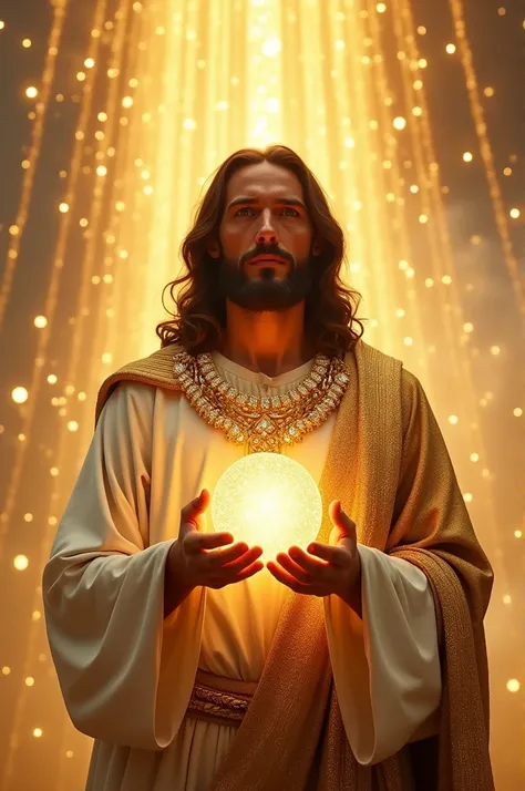 A beautiful Jesus is a very beautiful figure dressed in diamond gold Create the most beautiful professional photos Make photo like god pouring gold diamond from sky A beautiful diamond chain should be worn by GodIt is as if God holds a world in His hands C...