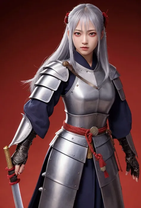 (Japanese sword &reference;Muramasa 2&reference;.2)One beautiful woman、Japanese swordを持った女性、Silver Hair Short、armor、pocket、Warrior、Clear Eyes、Red Eye、{Arm tattoo、Warrior、Realistic battle scenes、敵Warriorの返りBlood、Blood、High resolution、Highest quality、Very de...