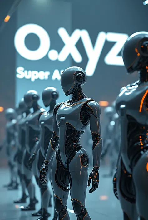 Show me a picture of a bunch of futuristic AI robots with the letters O.XYZ and a background. In the background is the words Open AI and Super AI 