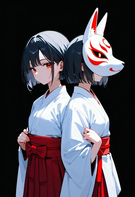 score_9, score_8_up, score_7_up, (source_anime), One girl, short hair, Reverse Bob Cut, Black Hair, Shrine maiden, Fox Mask Template, Wearing a mask, kimono, kimono, White short sleeves, white kimono, Red Hakama Skirt, Sleeves are longer than the wrist, su...