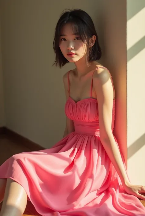 ((Highest quality, 8K,RAW photos)), (Practical, Reality: 1.37), (Face Focus: 1.1), Small Breasts, flat chest, short hair, A Japanese lady、20 years old、Japanese idol system、(Pink dress: 1.1)、skirt, sit, From below, Sunlight, Movie Lighting,