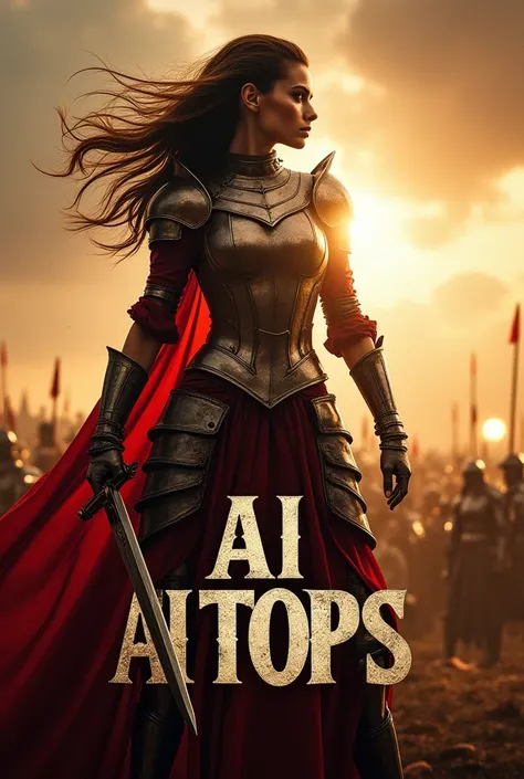 A movie poster depicting a sexy female knight wielding a sword on a battlefield with the words "Ai tops" written in large letters in the center,