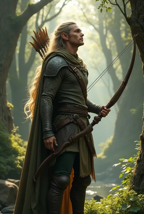 A handsome elf man with long blond hair, dressed as an elf from Lord of the Rings, points his bow at the sky