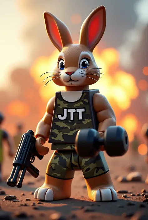 LEGO block style finish。Holland Lop Eared Rabbit with both ears fully drooping　Lightly mottled broken brown、Body is white、Wearing a camouflage tank top、The body is muscular and well-trained.、The clothes say JTt、A fierce battlefield with explosions、He has a...